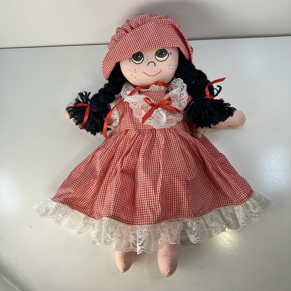 Homemade Doll Baby Firm Body Red Plaid Dress Black Braids Girl Homely 18"